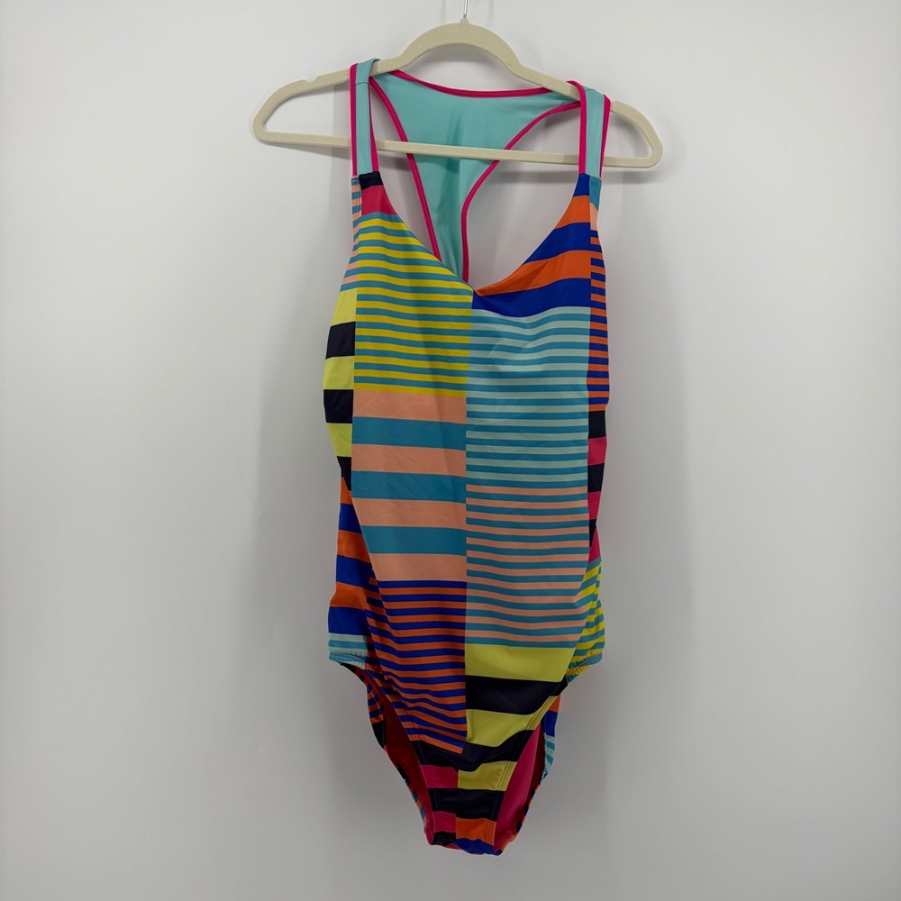 Lands End Womens 16 Multicolor One Piece Swimsuit Striped Racerback Keyhole